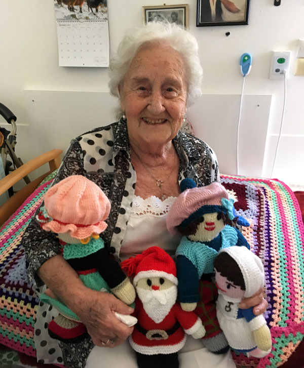 Freda keeping busy making beautiful knitted dolls