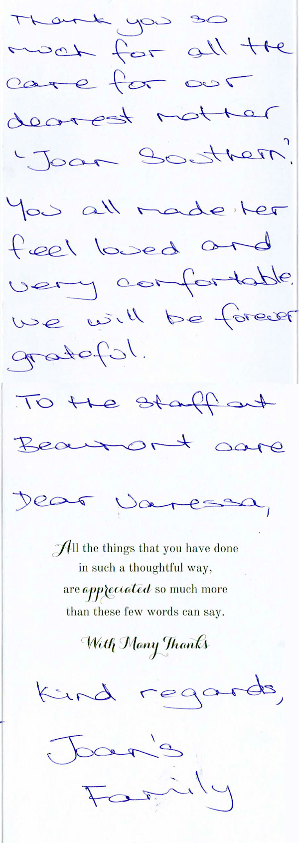 A Card For Peninsula From Joan's Loving Family